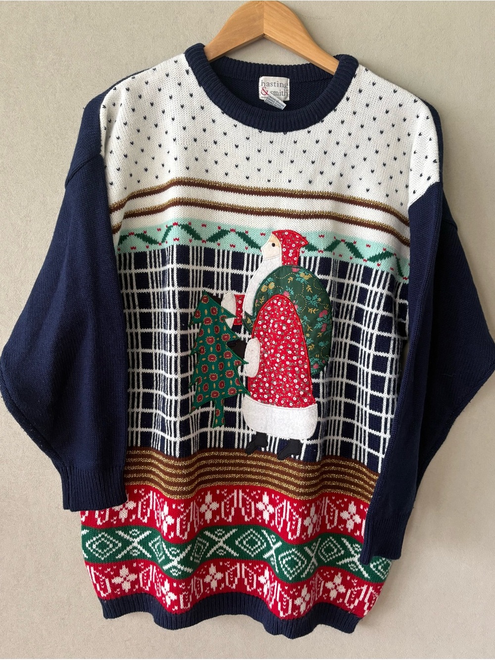 Navy Christmas Knit Sweater Santa Claus quilted appliqué size MED